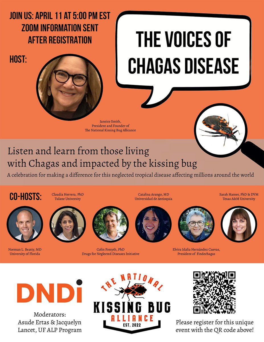 The Voices of #ChagasDisease

Janeice Smith, President & founder of The National Kissing Bug Alliance hosts this online #event with @DNDi a few days before the #WoldChagasDay

🗓️ April 11
✍️ docs.google.com/forms/d/e/1FAI…

#Chagas #BeatNTDs #Agenda2030 #NTDroadmap #100percentCommitted
