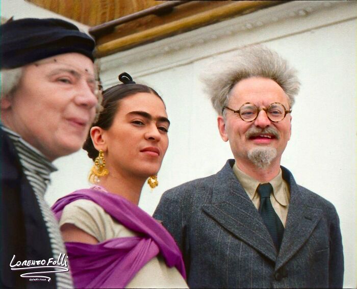 Leon Trotsky, Frida Kahlo and Natalya Sedova, 1937. Color by Lorenzo Folli. amzn.to/3xsz5Xc