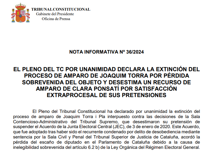 Nota de prensa | El Pleno del TC por unanimidad declara la extinción del proceso de amparo de Joaquim Torra por pérdida sobrevenida del objeto y desestima un recurso de amparo de Clara Ponsatí por satisfacción extraprocesal de sus pretensiones tribunalconstitucional.es/NotasDePrensaD…