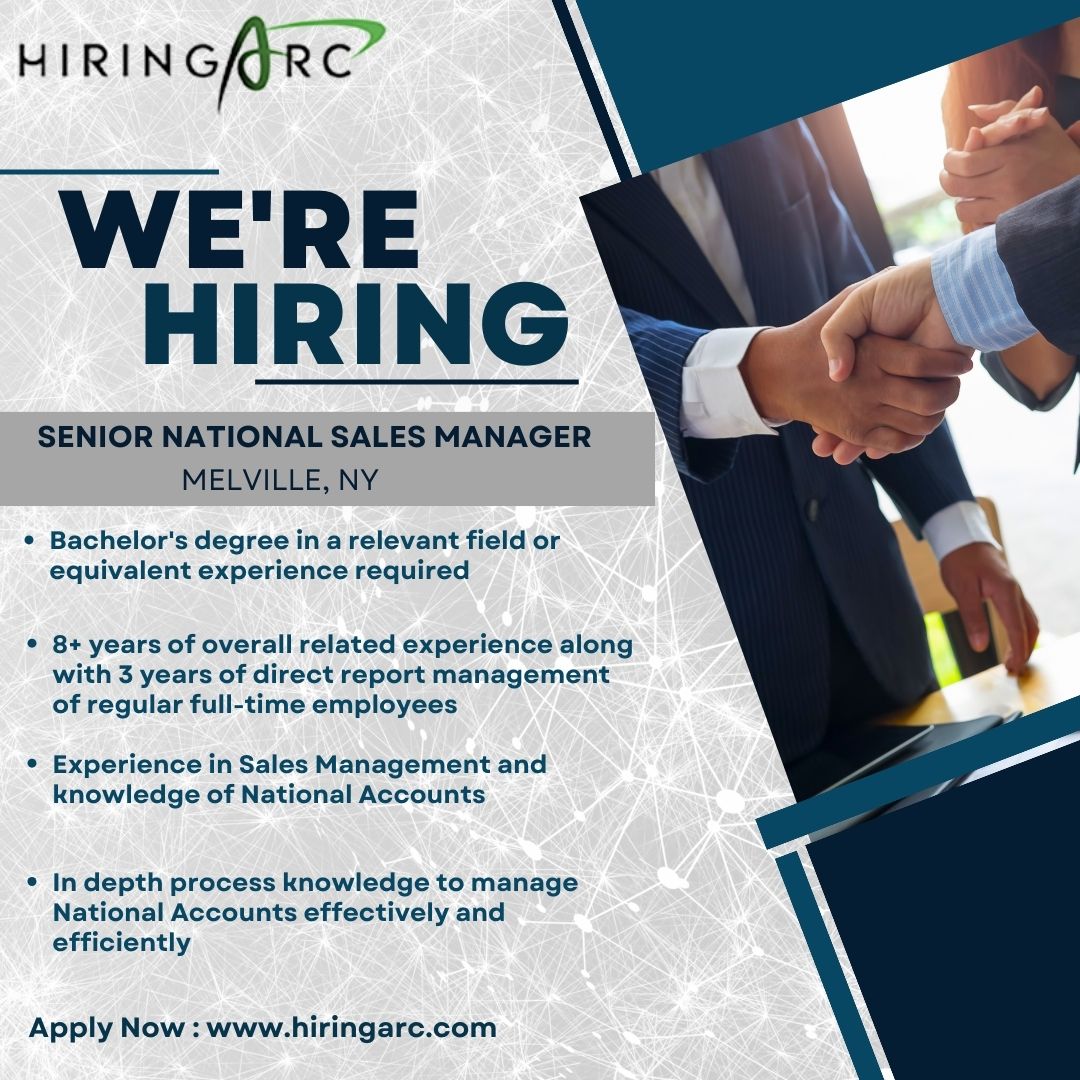 We are #hiring for 𝗦𝗲𝗻𝗶𝗼𝗿 𝗡𝗮𝘁𝗶𝗼𝗻𝗮𝗹 𝗦𝗮𝗹𝗲𝘀 𝗠𝗮𝗻𝗮𝗴𝗲𝗿 in Melville, NY. Apply here: bit.ly/4aLRUTg

#SeniorNationalSalesManager
#SalesJobs
#SeniorManager
#NationalSales
#SalesOpportunity
#SalesCareer
#ExecutiveCareer
#NewYorkJobs
#HiringArc