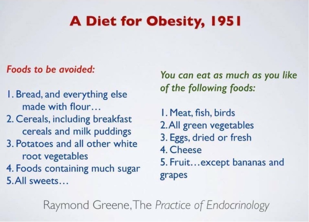 A Diet for Obesity, 1951 Raymond Greene, The Practice of Endocrinology They knew it back then. The older generation was smarter than the newer generation when it comes to Nutrition. The new generation be like 'starchy foods are needed for the brain to function' 😂😂😂 CC:…