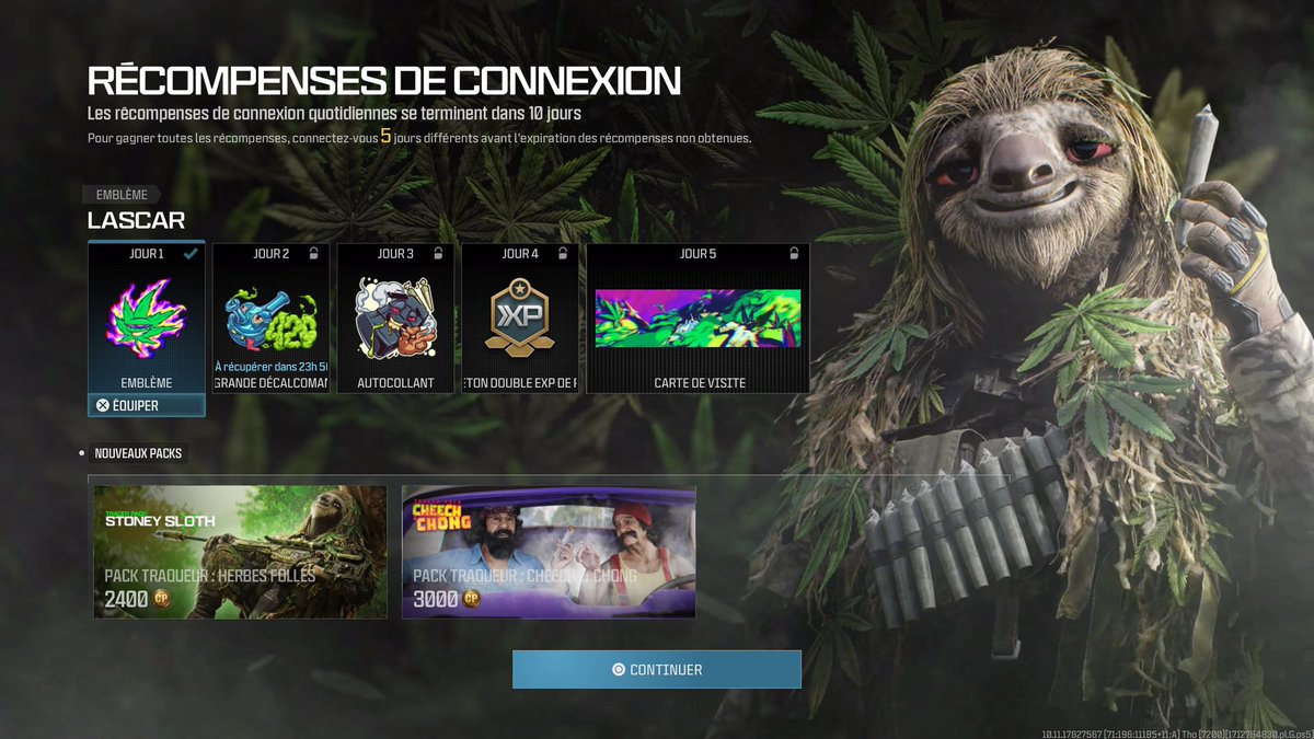 De nouvelles récompenses cosmétiques sont disponibles sur #ModernWarfare3 & #Warzone. Pour gagner toutes les récompenses, connectez-vous 5 jours différents avant l'expiration des récompenses non obtenues.