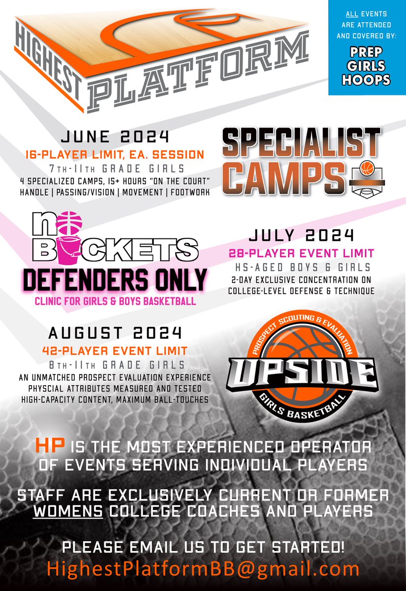 ‼️UPCOMING EVENTS‼️ During the break between travel ball and HS activities; and after travel ends — we have terrific offerings for girls basketball players!! • UNMATCHED COACHING • INSTRUCTION & FORMAT • EVENT ORGANIZATION • TAKEAWAYS AND MORE HighestPlatformBB@gmail.com