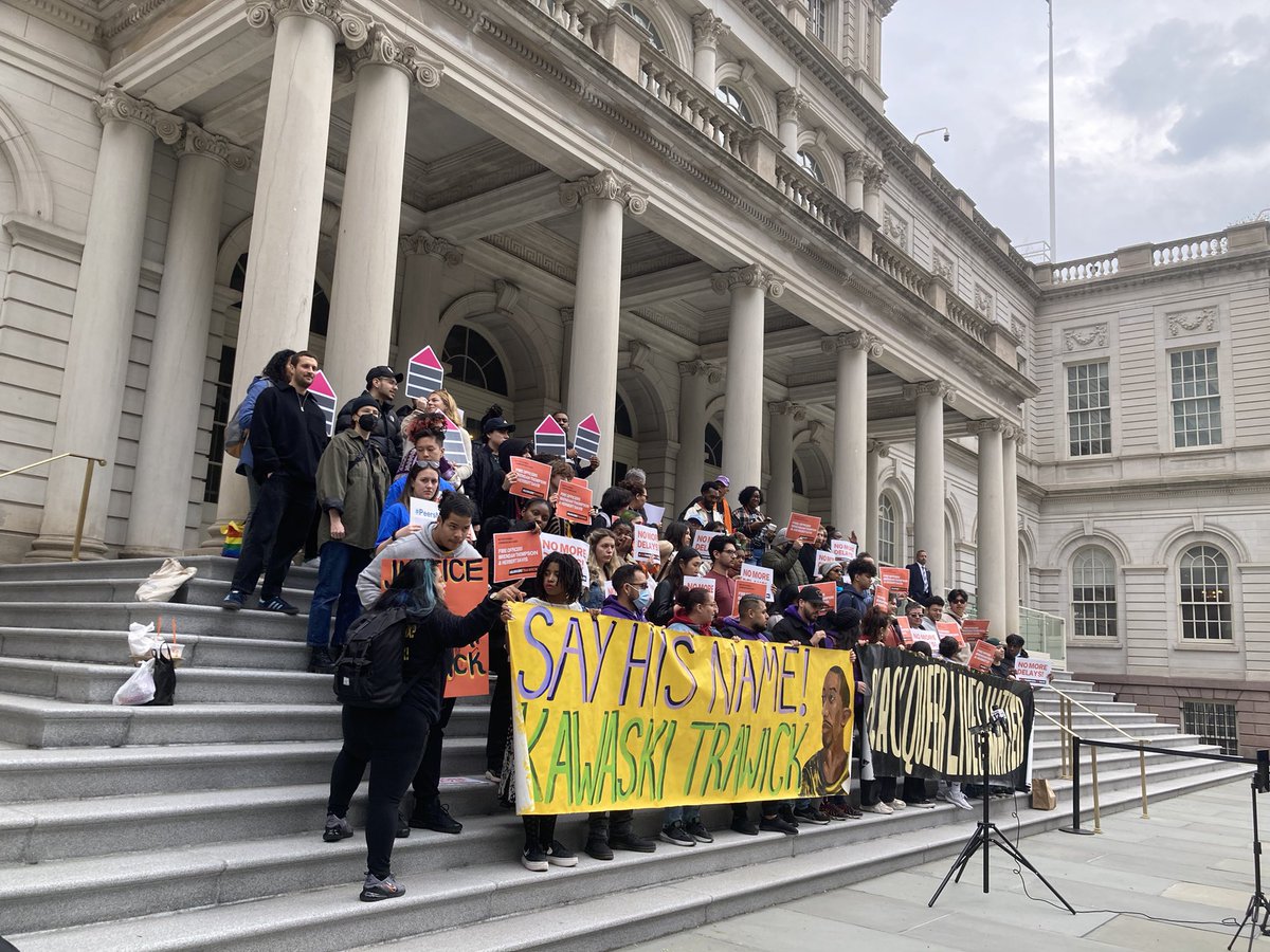On the steps of City Hall right now, family and supporters of Kawaski Trawick are rallying to call for the officers who killed him in his home in 2019 ago to be fired. Five years later, and nearly a year after a departmental trial, the NYPD has yet to issue a discipline decision.