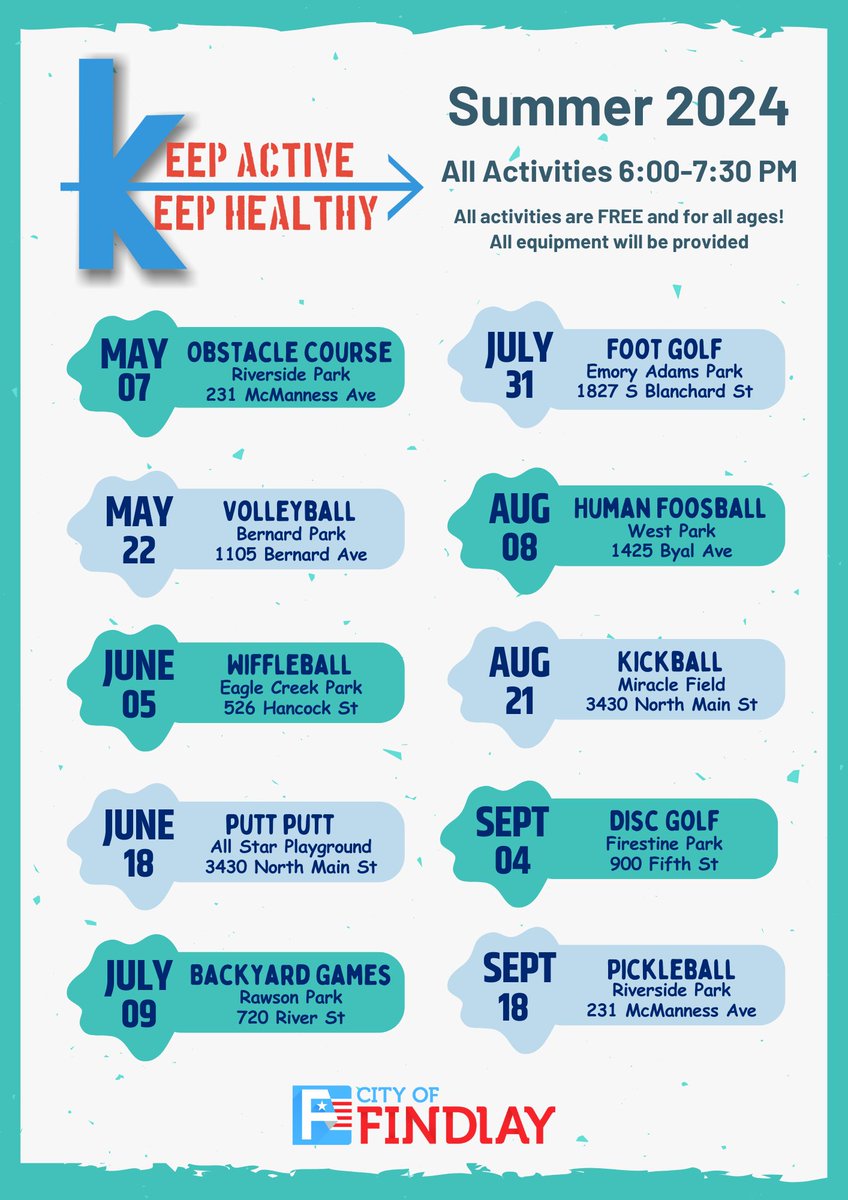 FindlayRec's tweet image. Starting to make your summer plans? Be sure to mark your calendars so you don't miss our Keep Active Keep Healthy activities this summer! All activities are free and for the entire family! All equipment will be provided. Come and try a new activity and get moving!