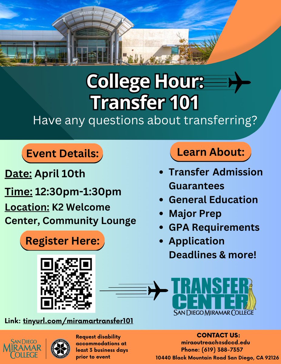 If you are looking to transfer, please plan on joining us today at 12:30pm in the K2 Welcome Center