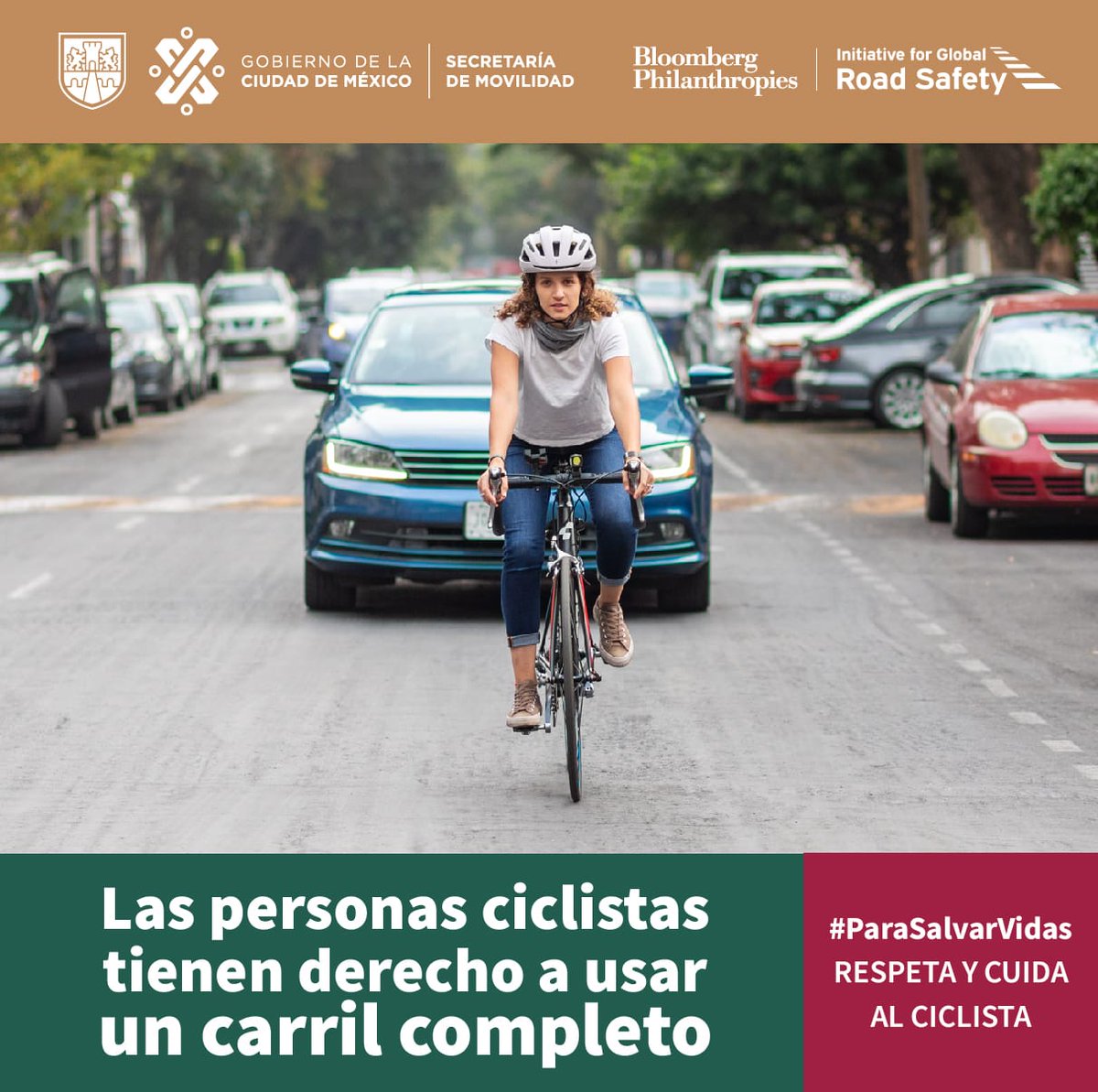 Artículo 1️⃣7️⃣ del #RTCDMX 🧐 Al circular en una vía que no cuente con infraestructura ciclista, las y los conductores de vehículos no motorizados tienen derecho a ocupar el carril completo 😉 #CuidaAlCiclista