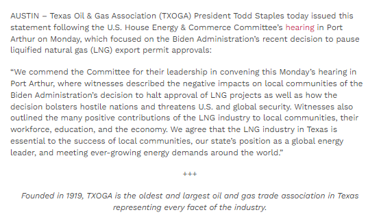 TXOGA President @Todd_Staples today issued the following statement on @HouseCommerce's Monday hearing in Port Arthur, which focused on the Biden Administration's recent decision to pause LNG export permit approvals. Read more: txoga.org/txoga-statemen…