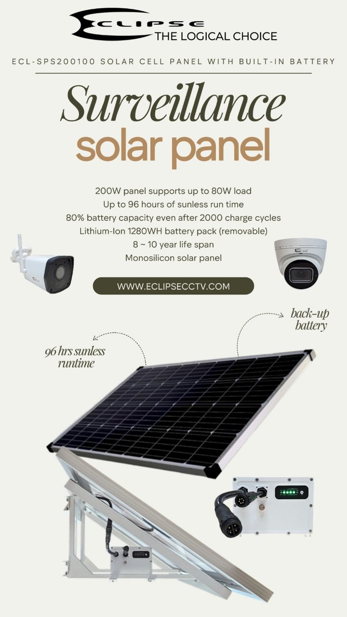 Introducing the Eclipse CCTV Solar Cell Panel with Built-in Battery. More Info: bit.ly/49wtOuI

#SolarPower #RenewableEnergy #SecuritySystem #EcoFriendly #SustainableLiving #GreenTechnology #eclipsecctv #ipcameras #surveillance #cctv #smartsecurity
