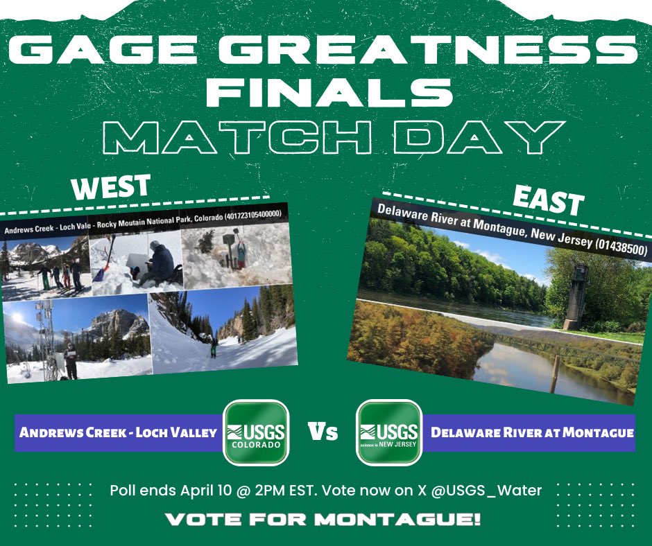 USGS_NJ's tweet photo. The moment has finally come! The greatest gage will be determined TODAY at 2pm EST - but it is up to YOU to decide!! We could write a book about all the things that Delaware River at Montague NJ has to offer, but at this point the gage can speak for itself. #GageGreatness https://t.co/hlEv38t53A