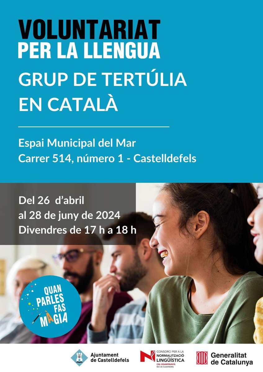 Vols practicar català a través de la conversa? Inscriu-te al nou grup de tertúlies organitzat pel Servei Local de Català de #Castelldefels i l'Espai Municipal del Mar. 
👉breu.cpnl.cat/mxb