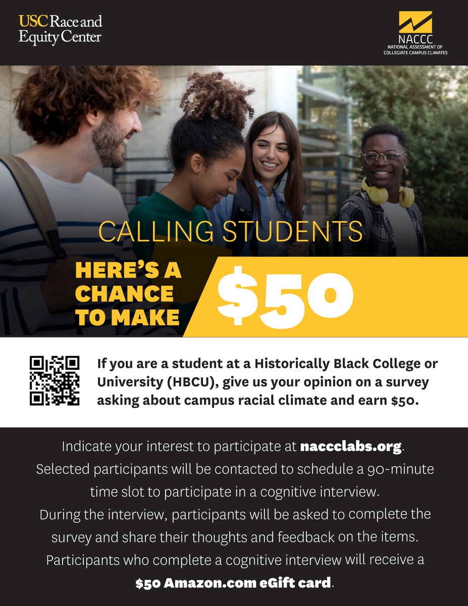 Are you a #student at a #HBCU? PARTICIPATE IN SURVEY TESTING AND RECEIVE $50! We’re conducting interviews about a #survey for racial climate on #college campuses and want to hear YOUR opinion! Sign up to be part of it at naccclabs.org