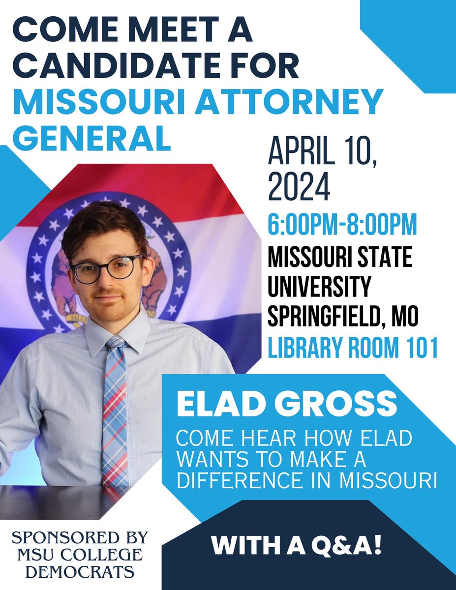 MoStateDems's tweet photo. Come meet @BigElad tonight on campus!!!! https://t.co/OWvDLaLE8P