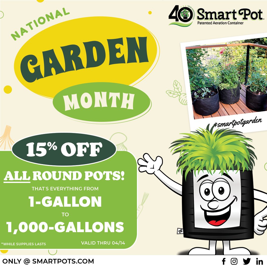 It's #NationalGardenMonth &amp; Smart Pot is Giving You a Reason to Grow 🌱

We’re offering 15% OFF ALL Smart Pot Round Pots! From 1-gallon to a whopping 1,000-gallon, get the perfect pot for your garden at an amazing price.

No code needed! 

#smartpotgarden