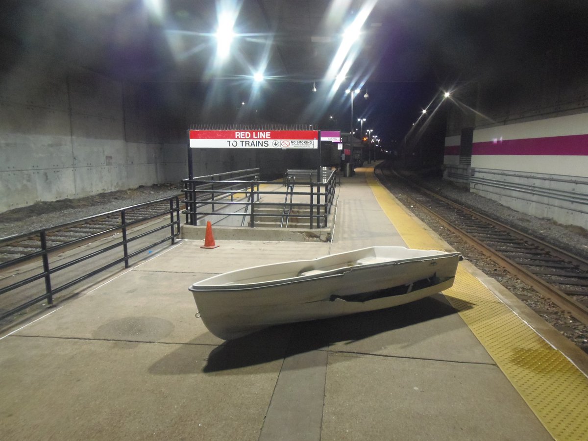 MBTATransitPD's tweet photo. 4/10 12:15AM Fitchburg Line between Cambridge &amp; Belmont unknown person/s left a boat on the right of way. An #MBTA commuter rail train did strike the boat. No injuries were reported &amp; no damage to train. TPD Detectives to follow up. https://t.co/pfZhYj0yGY
