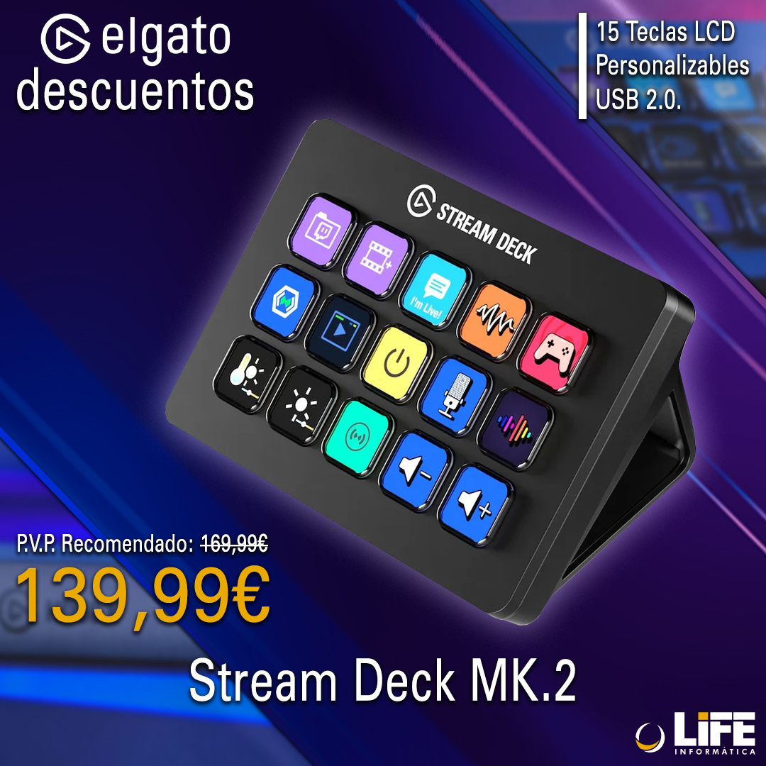 La mejor manera de controlar todas las aplicaciones y herramientas que utilizas en tus Streams 🎮, crea atajos en sus 15 TECLAS LCD personalizables y trabaja de la manera más PROFESIONAL 😎 Más Info 👉 n9.cl/rua0g @elgatoES #LIFEinformatica #elgato #elgatostreaming