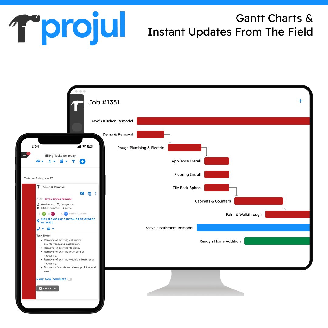 goprojul's tweet image. When project timelines slide and adjust, use #Projul to instantly update schedules and communicate changes to your field crew. When work is completed, get instant updates from the field back to the office. Streamline scheduling and project management today! 

#construction