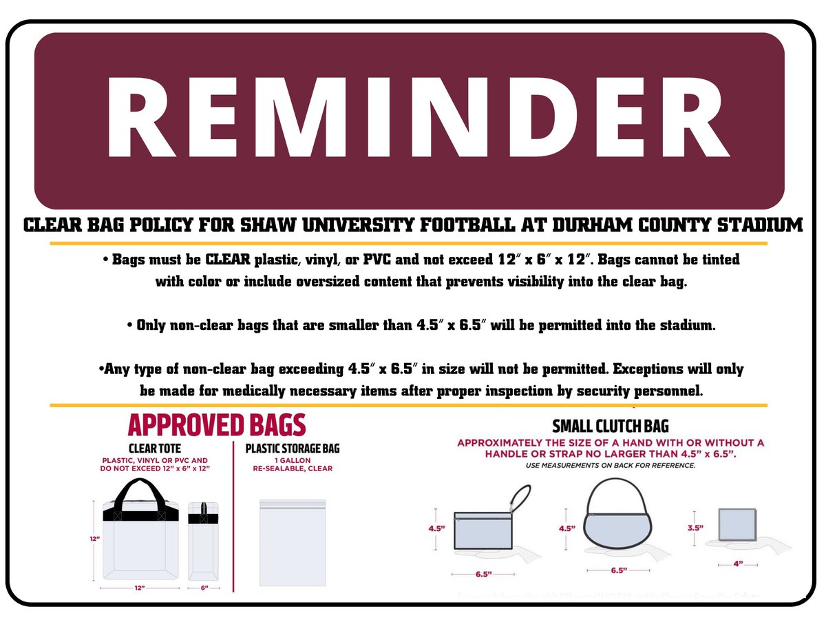 Reminder.....Shaw Athletics & DCMS enforces a clear bag policy on gameday.