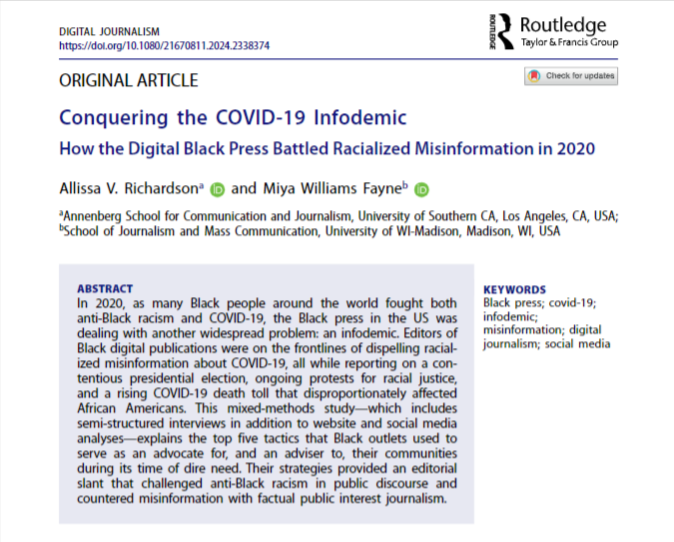 ONLINE FIRST! This mixed-methods study by @DrAlliRich & @WilliamsFayne explores how Black digital publications combated COVID-19 misinformation, advocating for their communities through editorial strategies. ➡️tandfonline.com/doi/full/10.10…