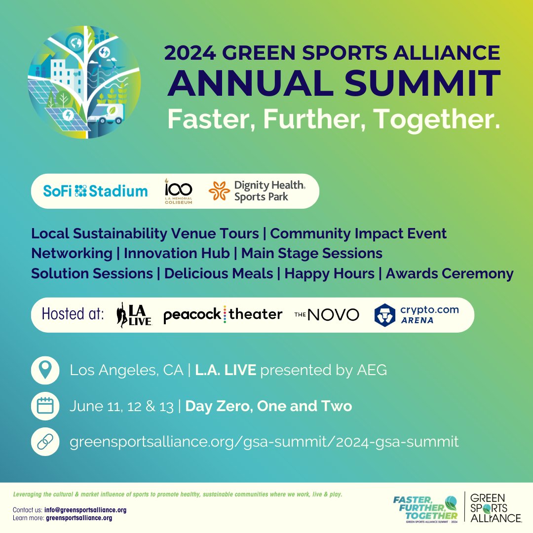 Join to unite sports, entertainment, and sustainability! 💚 June 11-13 in L.A., Green Sports Alliance returns for the GSA Summit: Faster, Further, Together presented by #AEG. Register by April 13th for Early Bird pricing! 🔗 loom.ly/vItE0ZA #24gsasummit #fastertogether