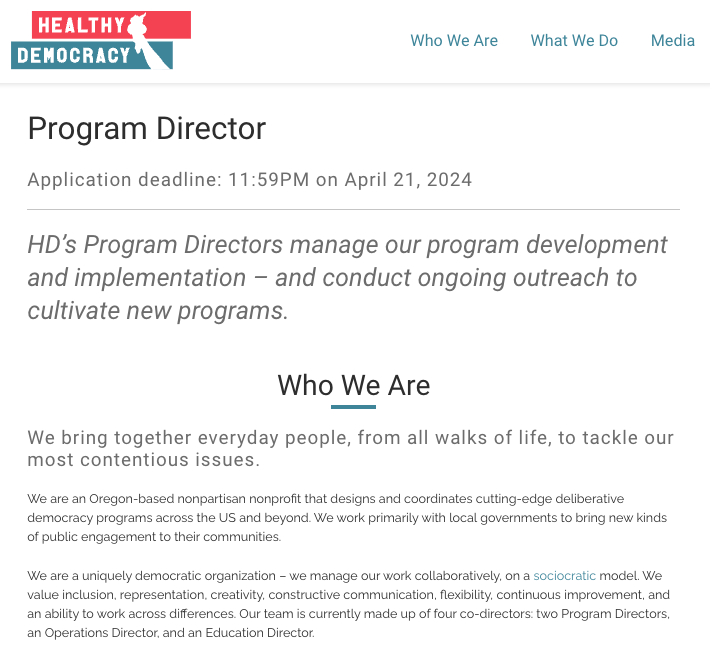 NCDD member org @HealthyDem is hiring a full-time Program Director! Manage programs, cultivate partnerships and communications. Salary: $55,977. Apps are due by April 21. #NCDD #DemoPart #ListenFirst #DisagreeBetter ncdd.org/news/healthy-d…