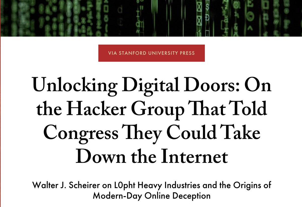 Excerpt from Walter Scheirer's 'A History of Fake Things on the Internet' where he talks about the early days of internet and pre-internet information distributed by early net and pre-net denizens like @L0phtHeavyInd lithub.com/unlocking-digi…