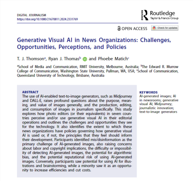 ONLINE FIRST & OPEN ACCESS! Through interviews with photo editors in seven countries (🇦🇺🇫🇷🇩🇪🇳🇴🇨🇭🇺🇸), @Cenevox, @ryanjthomas83 & @phoebe_matich study their perceptions and use of AI-generated images in journalism, addressing challenges and opportunities. ➡️tandfonline.com/doi/full/10.10…