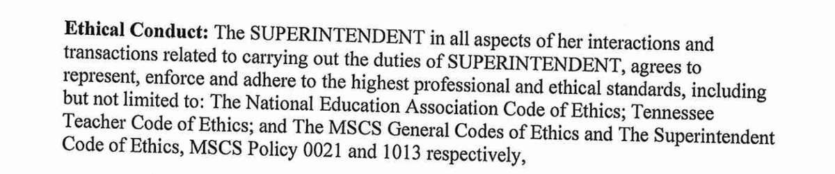 Memphis-Shelby County Schools is today officially in compliance with its policy requiring publicized superintendent contracts. The document includes all it was billed to, including the ethics clause. Termination for cause includes breach of contract: chalkbeat.org/tennessee/2024…
