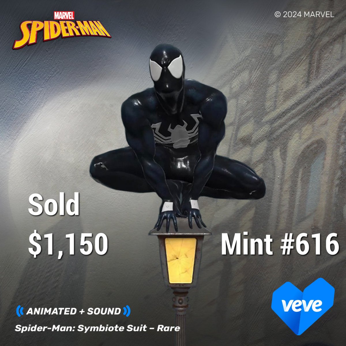 🚨SPECIAL MINT SOLD🚨 Spider-Man Symbiote Suit digital collectible (Mint  #616) sold on @veve_official recently for $1,150! 616 represents Earth-616.  The current floor for this collectible is $65, which is over 17x its