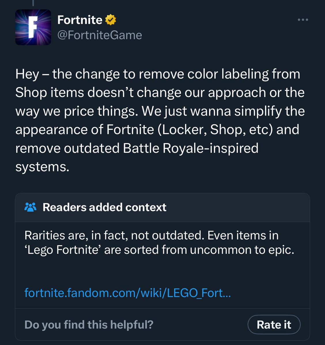 Fortnite got community noted, this once again proves nothing about the Rarity system was 'outdated' 🙃