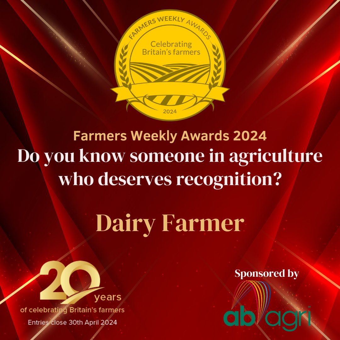 As part of @ABAgriLtd, we are delighted to be supporting the Dairy Farmer of the Year Award at the @FarmersWeekly Awards 2024. 🏆 Enter before 30 April ⬇️ fweeawards.evessiocloud.com/farmersweeklya… #TeamDairy