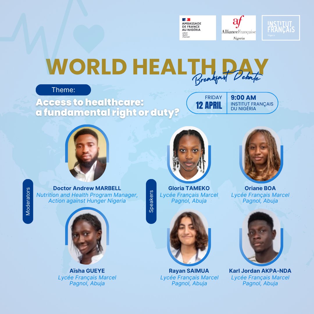 We are pleased to invite you to an upcoming Breakfast Debate with the theme: 'Access to healthcare: a fundamental right or duty?' The debate is hosted by students of Lycée Français Marcel Pagnol. We hope to see you there ! #BreakfastDebate #IFN Cc: @FranceInNigeria
