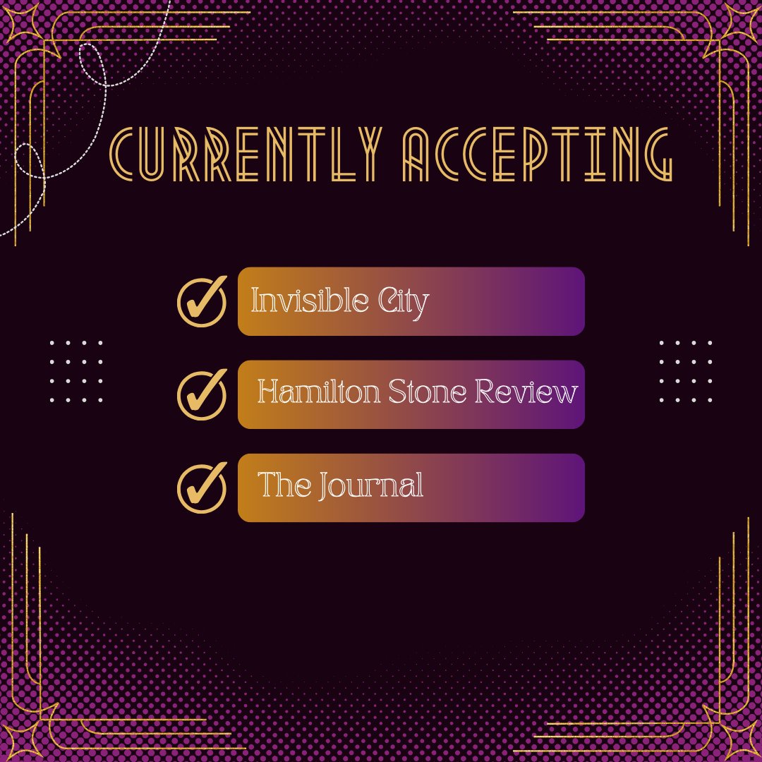 Any goals for the summer?

Invisible City
invisiblecitylit.com/submissions/

Hamilton Stone Review
hamiltonstone.org/hsr.html#submi…

The Journal
thejournalmag.org/submit

#invisiblecity
#hamiltonstonereview #thejournal #submissioncall