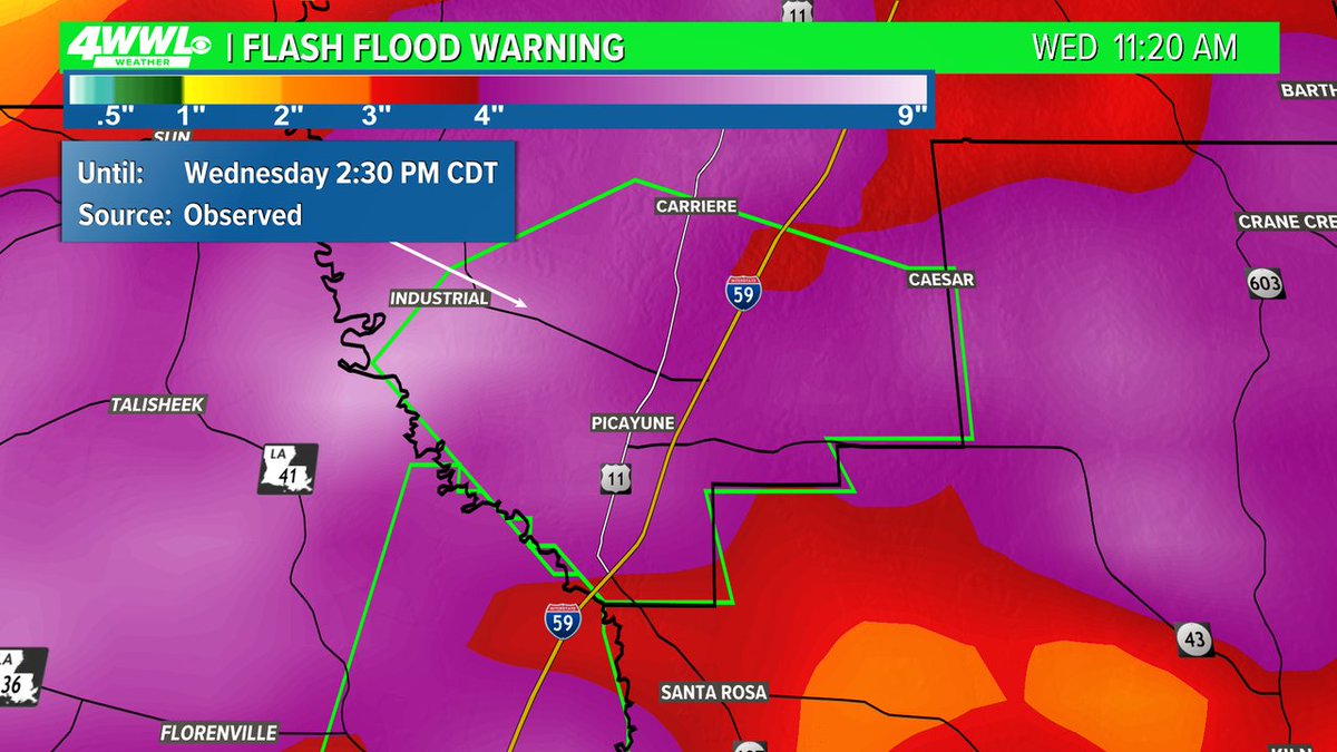 A Flash Flood Warning has been issued for parts of Pearl River, Hancock until 4/10 2:30PM. Street flooding is happening or about to happen. #BeOn4