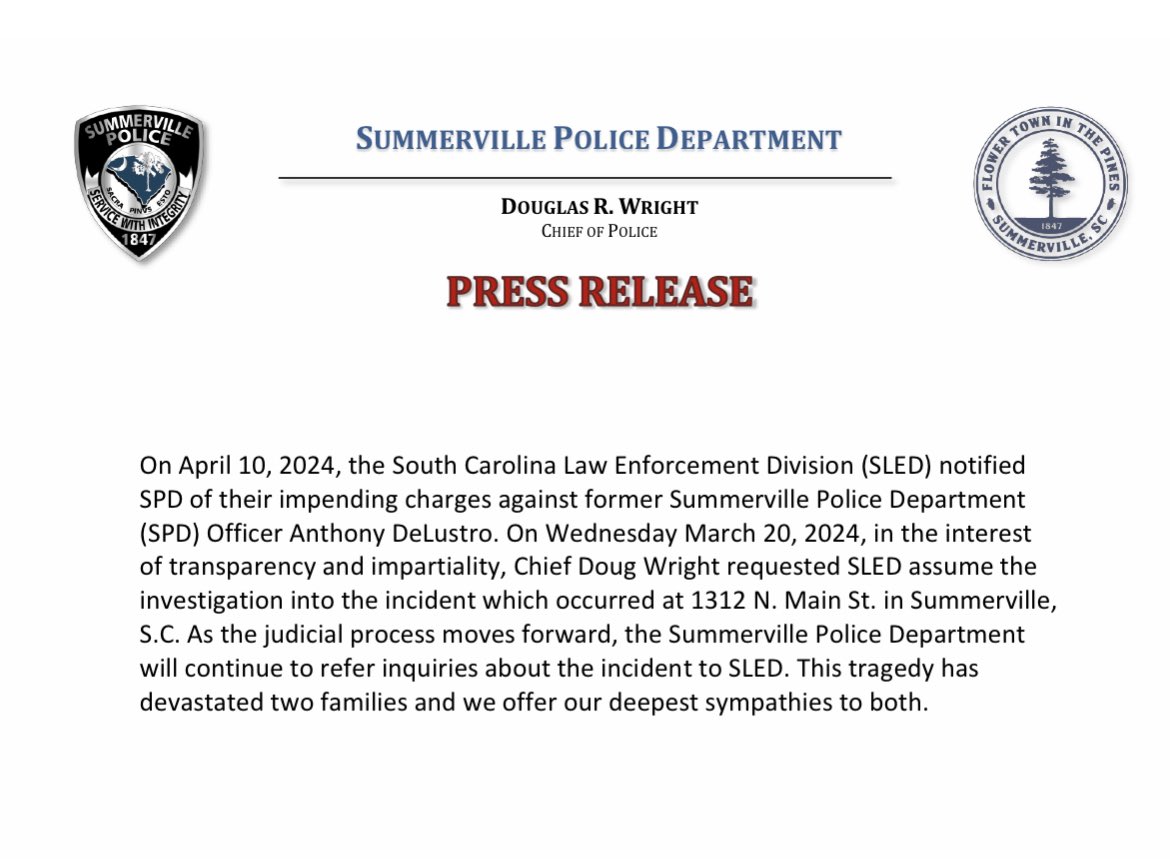 BREAKING: SLED is planning to press charges against @SPDSC officer Anthony DeLustro, who was off duty when he shot Michael O’Neal in Summerville 3 weeks ago. O’Neal did not make it. It’s unclear what the charges specifically are @Live5News working to get more info now.