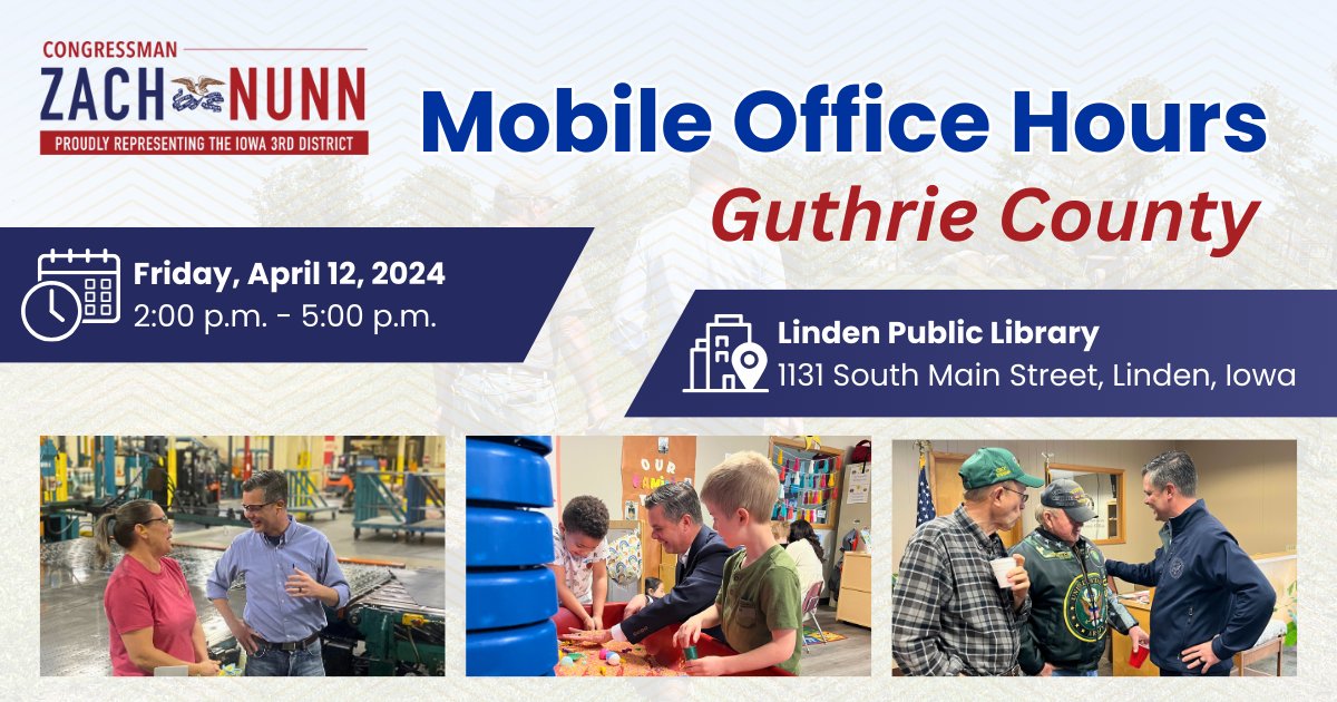 Guthrie County: Stop by the Linden Public Library this Friday at 2:00 p.m. if you need assistance with your passport, veterans benefits, Social Security, Medicare, or another federal agency!