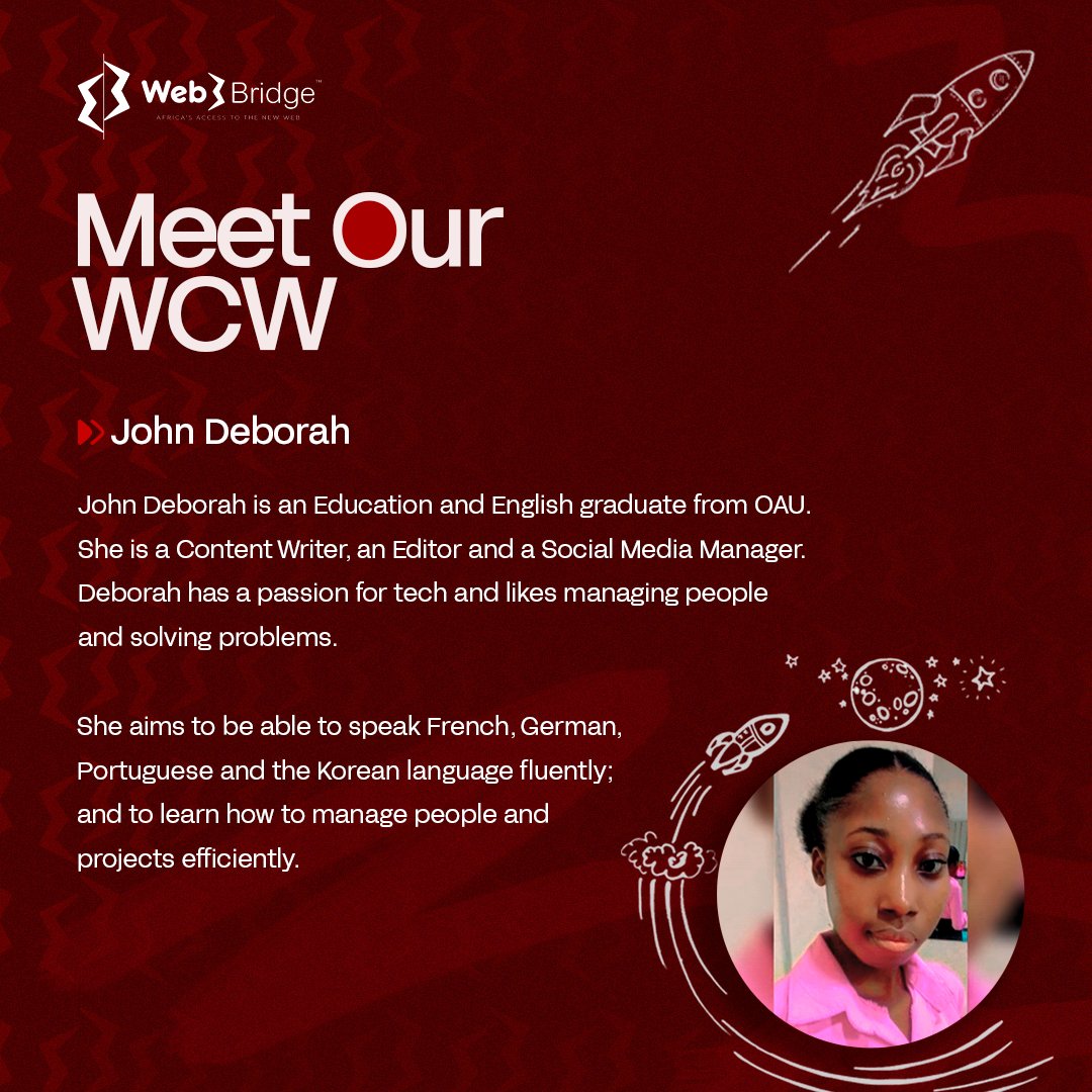 Our WCW this week is none other than Debbie 😇 She’s a wonderful soul, a committed and reliable individual, and overall just a valuable addition to Web3bridge. 👏🏽