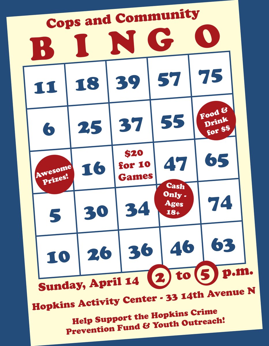 Join Hopkins Police this Sunday, April 14, at 2 p.m. for Cops and Community Bingo! For $20, play 10 games and help support the Hopkins Crime Prevention Fund and Youth Outreach.