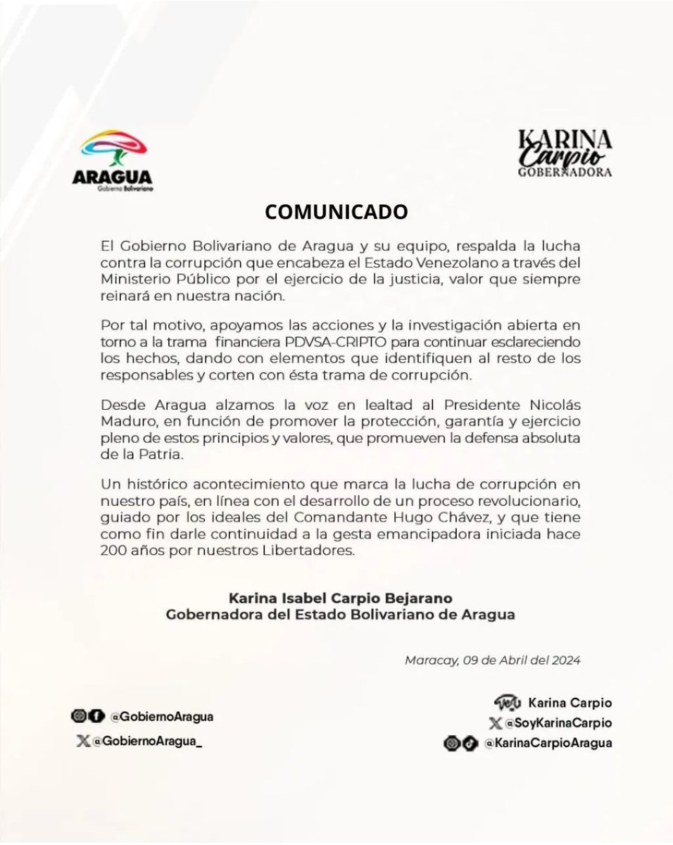 COMUNICADO | El Gobierno Bolivariano de Aragua expresa su posición de respaldo al Estado Venezolano, contra la trama de corrupción. ¡Seguiremos promoviendo la defensa absoluta de nuestra Patria! @NicolasMaduro @Soykarinacarpio @TarekWiliamSaab