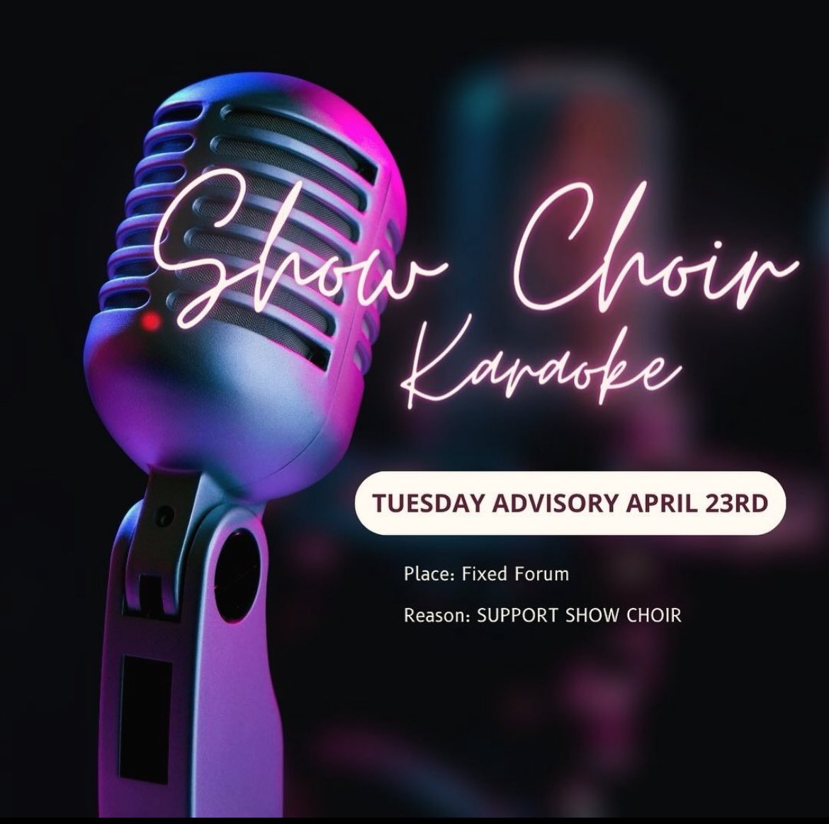 Tiger karaoke- April 23rd
Come to the fixed forum to support show choir and sing your hearts out!! 🎤🎼