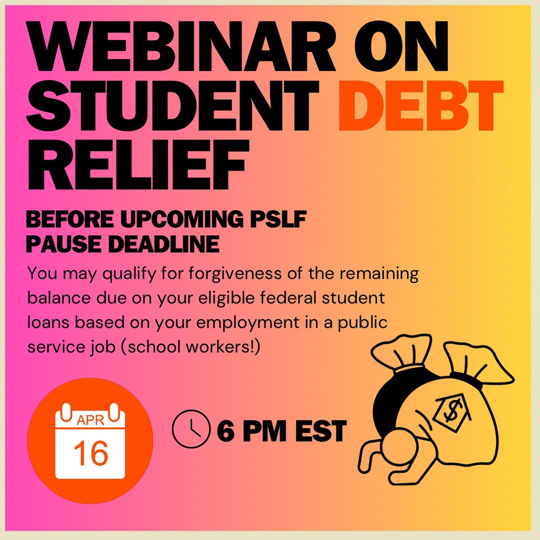 EMERGENCY STUDENT LOAN NAVIGATION WEBINAR

Date &amp; Time
Apr 16, 2024, 06:00 PM in Eastern Time (US and
Canada)
This is a webinar that will get you on a path to
dealing with your loans before the May 1st
payment PSLF pause deadline.

Click here to register;
neamb.zoom.us/webinar/regist…