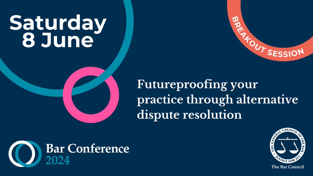 Choose your breakout session for #BarConf2024 Explore how the growth of mediation and other non-court-based dispute resolution offers a variety of opportunities to diversify your work. Book your ticket today: barcouncil.org.uk/training-event…