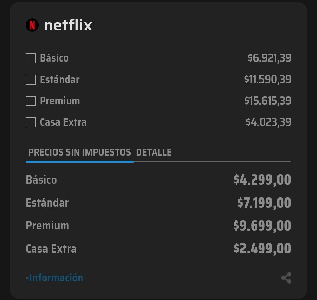 🔥🍿Netflix aumentó hasta 72% ⭕️Básico: $6.921,39* ⭕️Estándar: $11.590,39* ⭕️Premium: $15.615,39* 👉🏻El aumento ya rige para los nuevos clientes. Para los que están suscriptos, el aumento regirá 30 días después de haber recibido el email con el aviso. *Precio con 61% de imp.