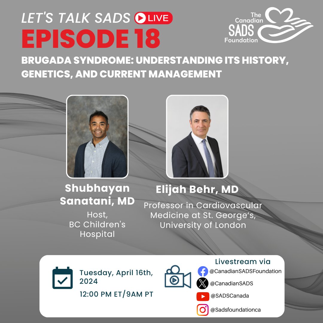Happening next Tuesday, April 16th, at 12PM EST! Learn more about Brugada Syndrome with us! #SADSAwareness #Brugada #BrugadaSyndrome