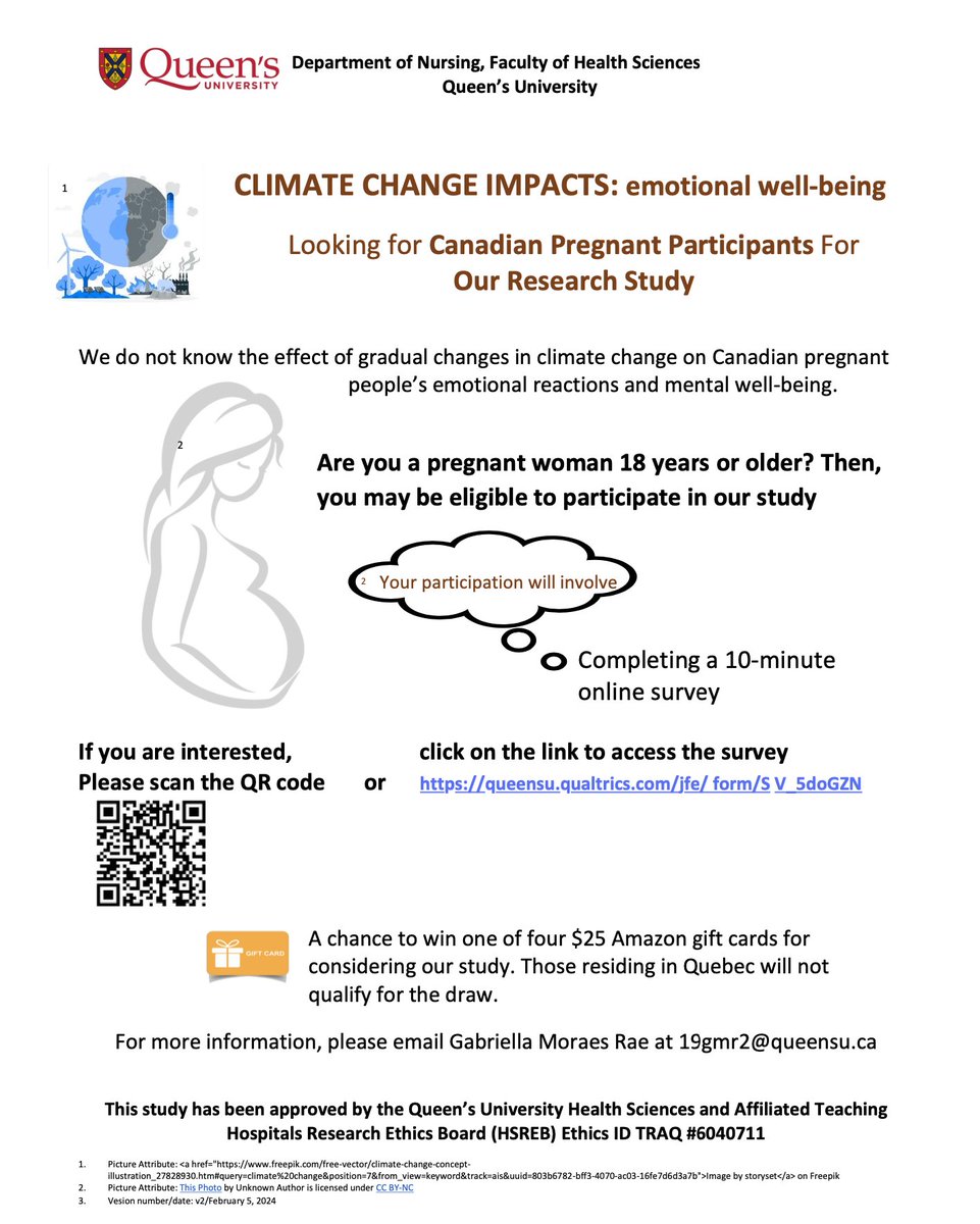 Read more to learn about an opportunity to participate in a study at Queen’s University to understand how climate change influences the emotional and the mental well-being of pregnant women. If interested, scan the QR code or access the survey link here: queensu.qualtrics.com/jfe/form/SV_5d…