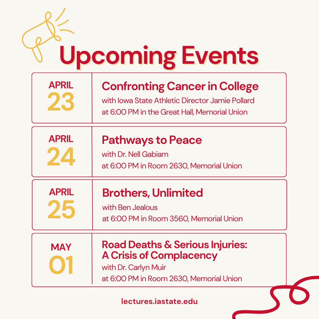 Check out these upcoming events:

lectures.iastate.edu/events