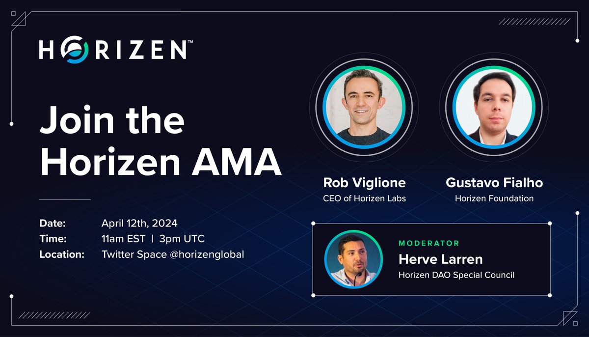 Join us for a Horizen community AMA with @robviglione, CEO of @HorizenLabs ✨ We want to hear from you! Please submit questions here a10uc8zrsfc.typeform.com/to/ACEjjSRC 📅 Friday, April 12 at 11am EST / 3pm UTC 🎙️@robviglione, @hervelarren_, @GustavoFia53894 📌 twitter.com/i/spaces/1kvJp…