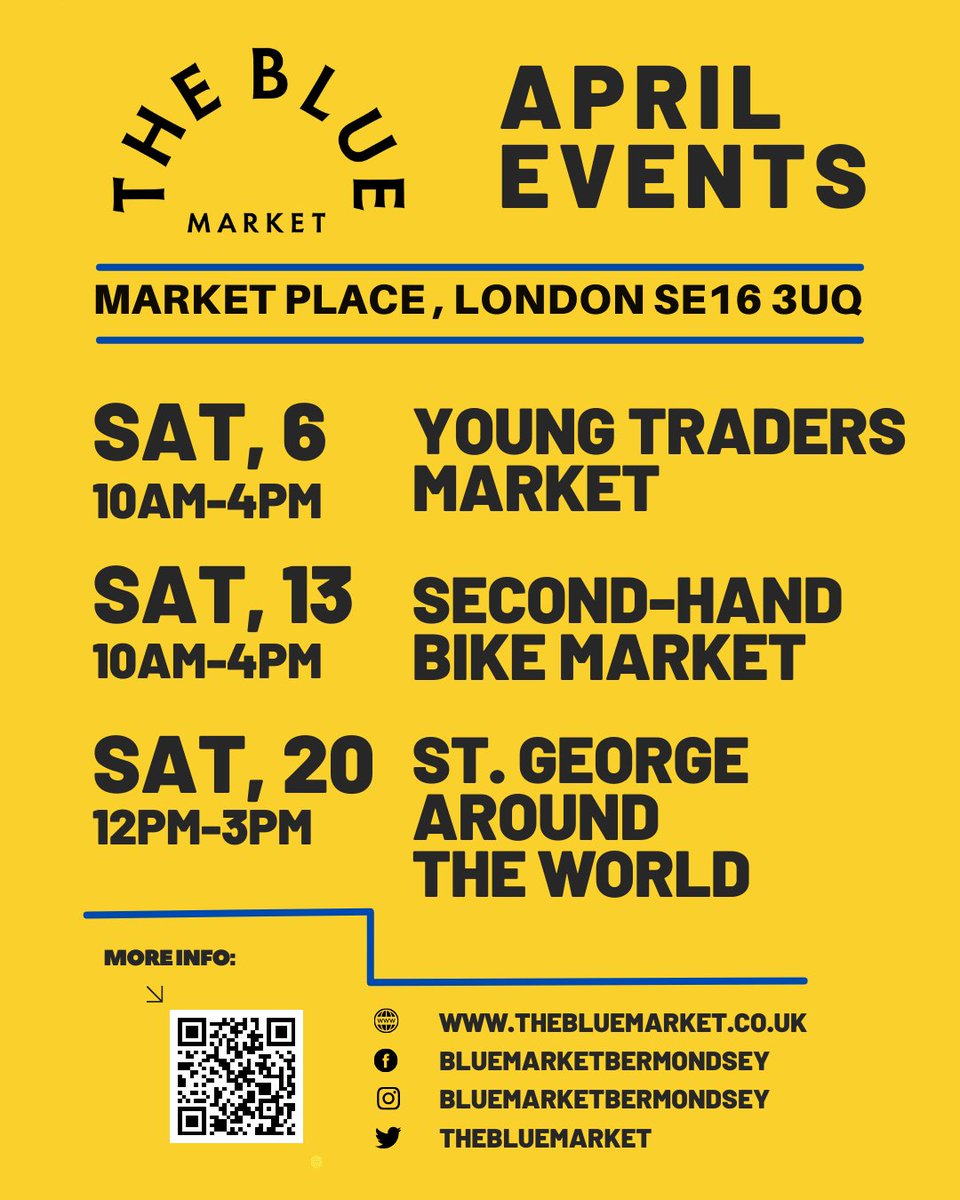 April events in @TheBlueMarket @peddlemywheels second-hand bike market Sat 13 April from 10am to 4pm St George Around The World Sat 20 April 12pm - 3pm For more information about our traders and events, visit thebluemarket.co.uk