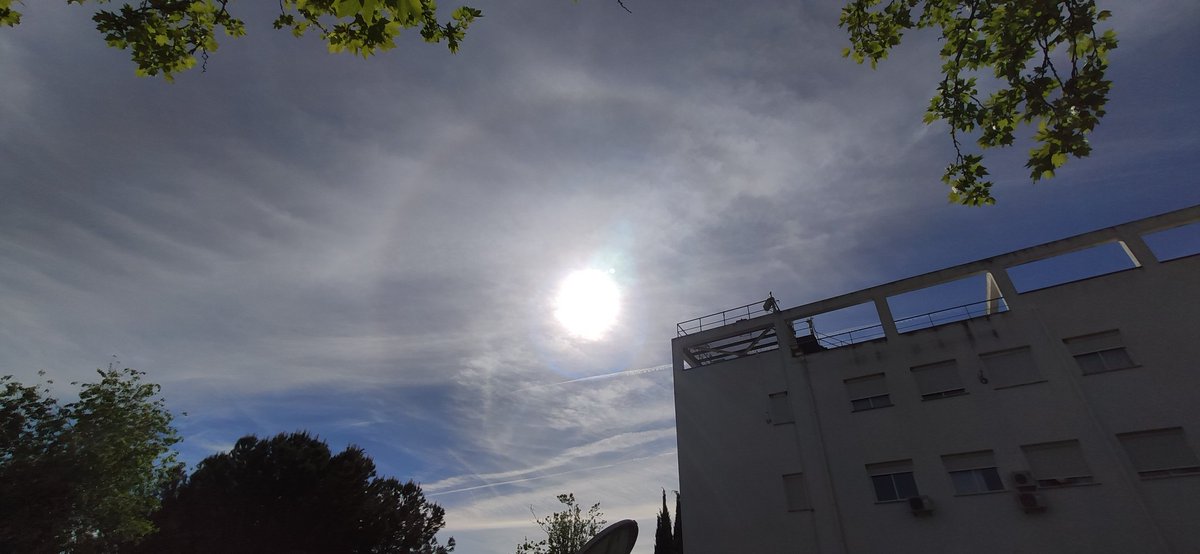 Halo sobre nuestra estación del Campus de la UEx en Badajoz. Se produce por la refracción de la radiación solar en los cristalitos de hielo que forman las nubes tipo Cs (cirrostratus).