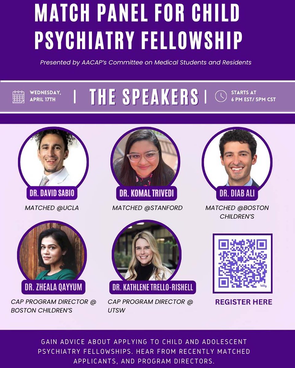 Match Panel for Child and Adolescent Psychiatry (CAP) Fellowship. Gain insight and advice about applying for child and adolescent psychiatry (CAP) fellowships from program directors and recently matched fellows. Wednesday 4.17.2024, @ 3PM PT us06web.zoom.us/meeting/regist…